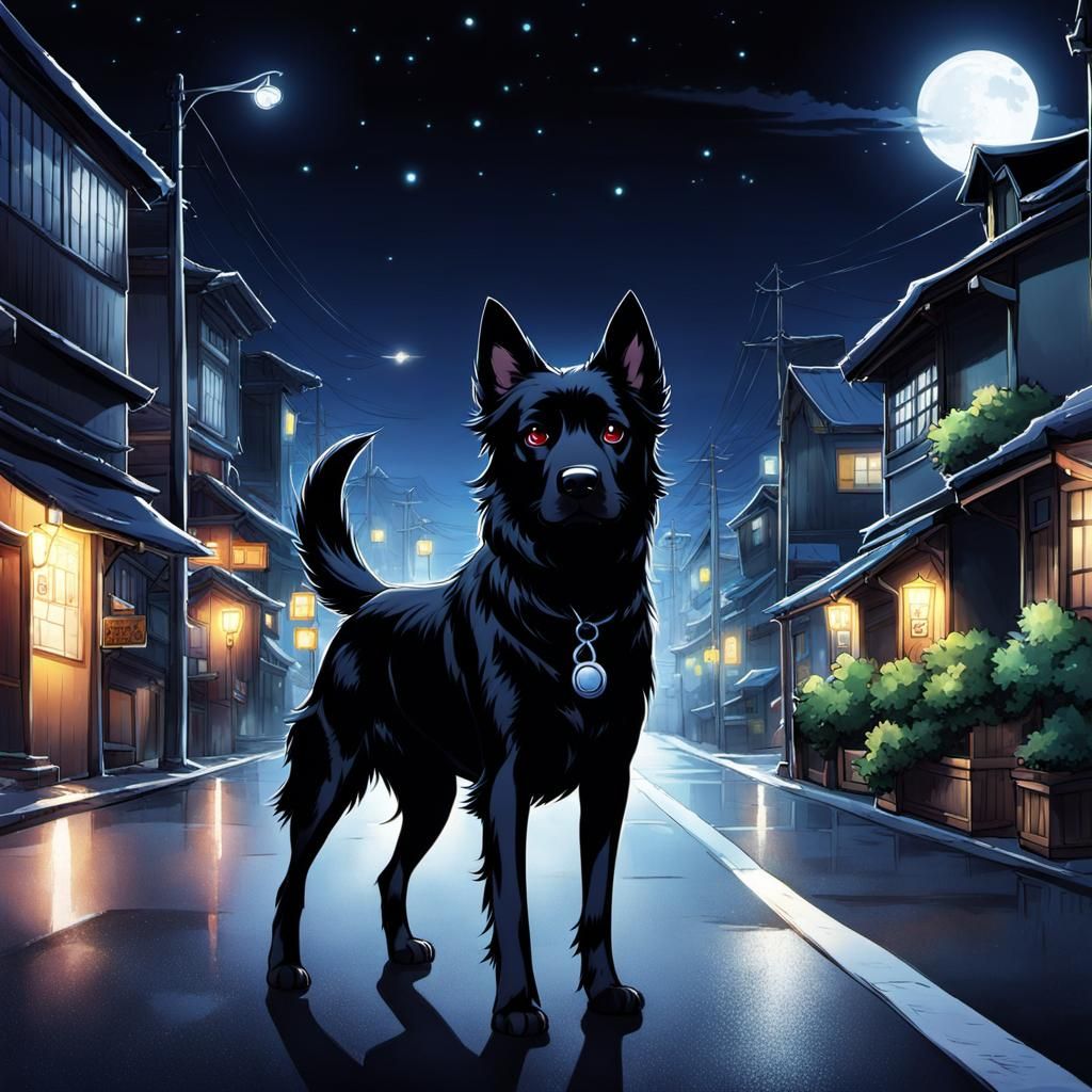 Black Dog Walks at Night in Anime Style