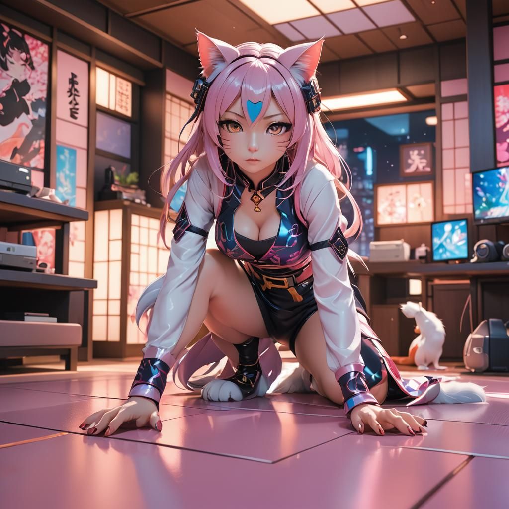 Cat Girl in Japanese Anime Style 3D Rendering