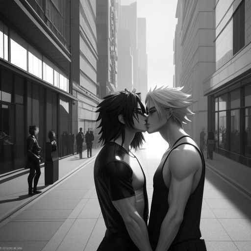 Two Men Embracing in Vibrant 3D Anime Style