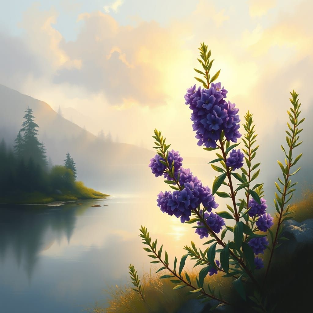 Golden Light on a Misty Lake in Whimsical Style