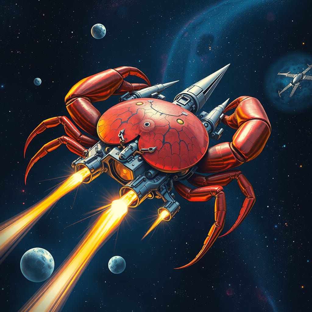 Crab Rocket Soars Through Galaxy in Surrealist Style
