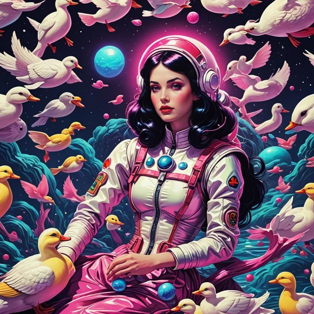 Snow White Space Mermaid with Cosmonaut Ducks