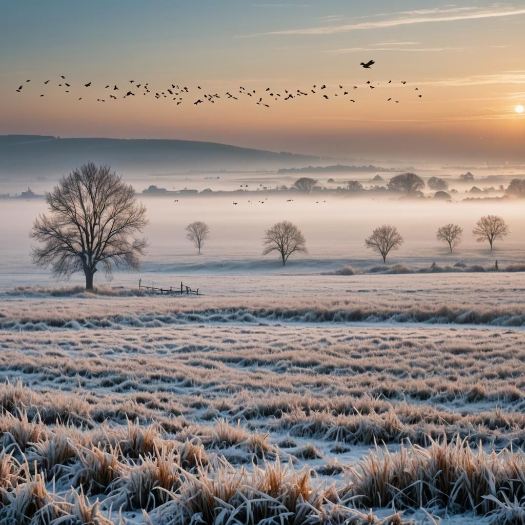 Serene Snowy Sunrise Over Frozen Fields