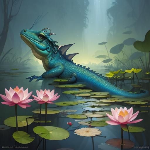 Baby Water Dragon in Pond: Whimsical Concept Art
