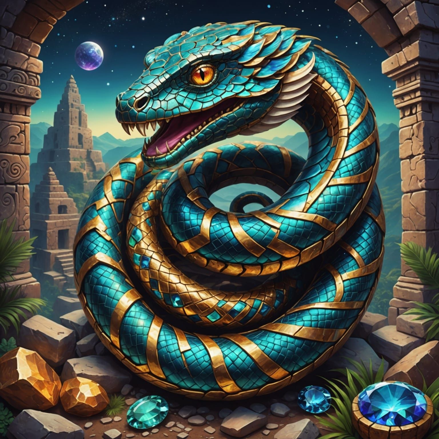 Feathered Snake Coiled Around Ancient Ruins in Vibrant Cosmi...