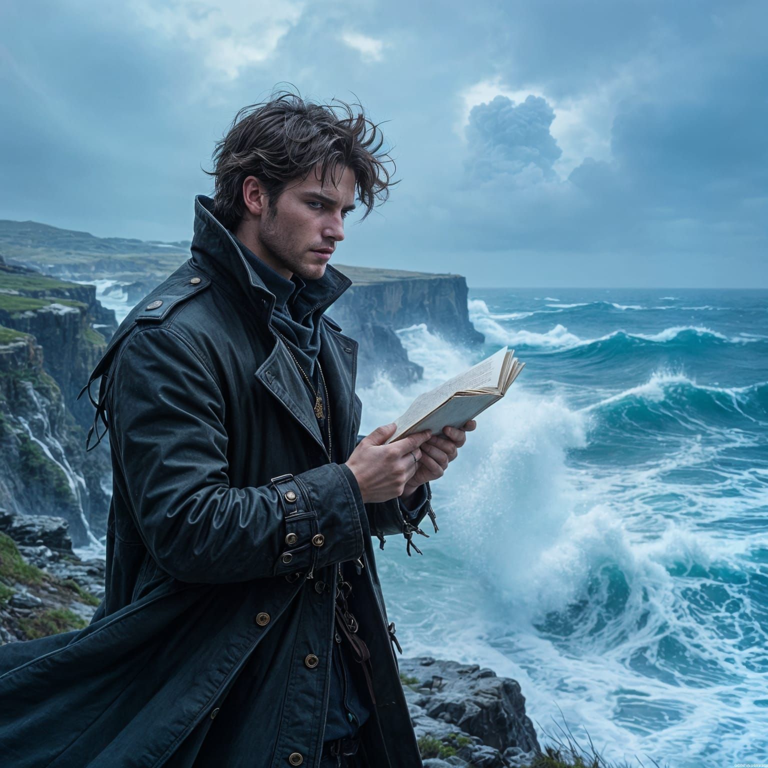 Dramatic Man Recites Poetry on Windswept Cliff