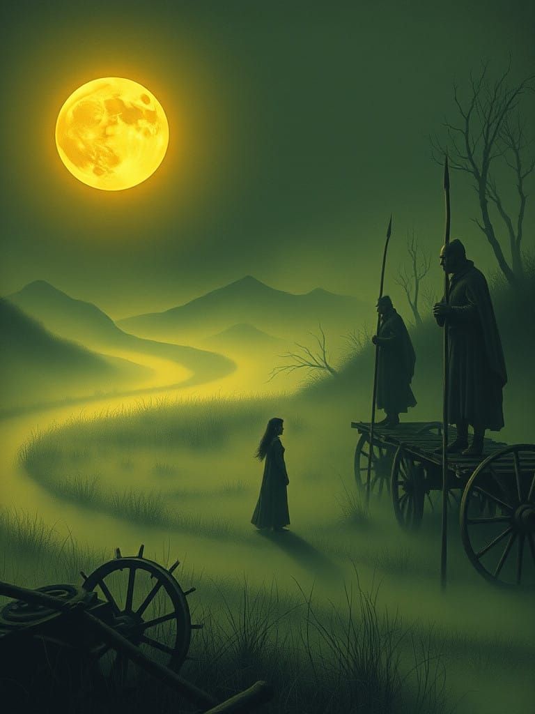 Dreamy Woman in Misty River Meadow Underneath Starry Night