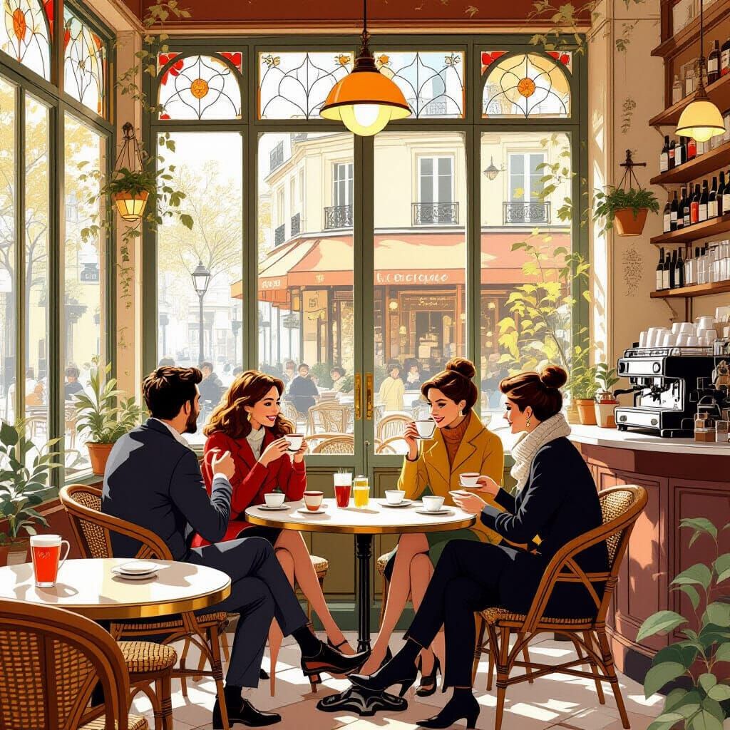 Cozy Parisian Cafe Interior Retro Illustration