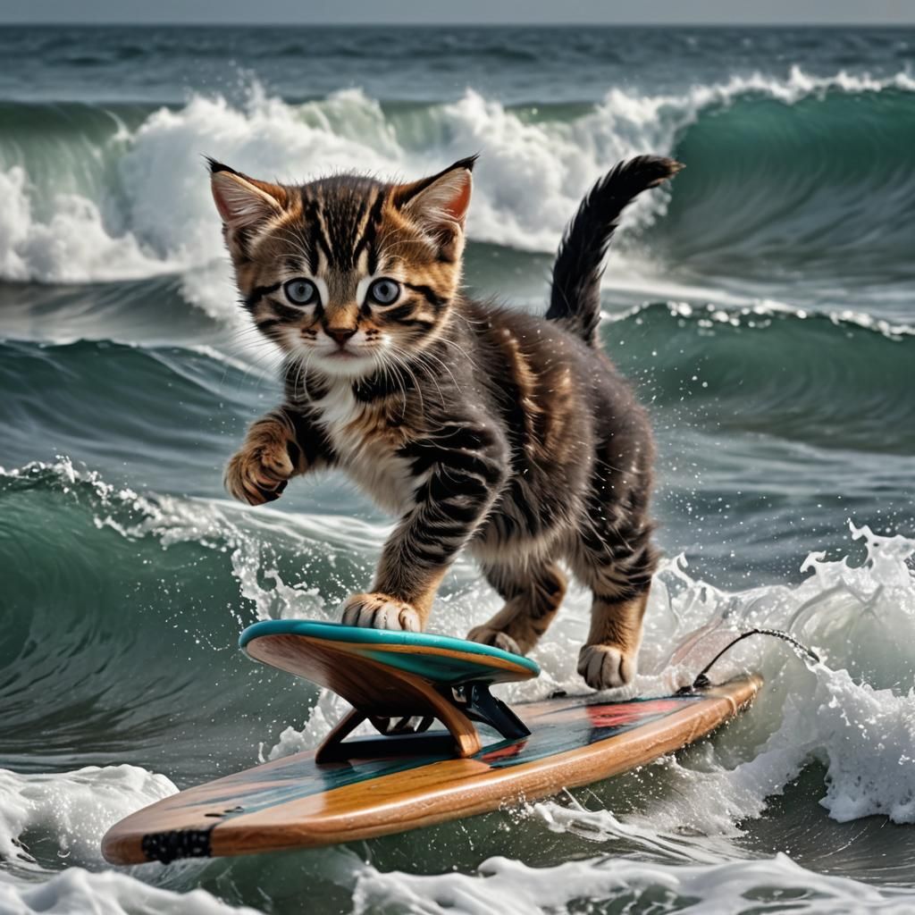 Kitten Rides Bull on Surfboard in Ocean