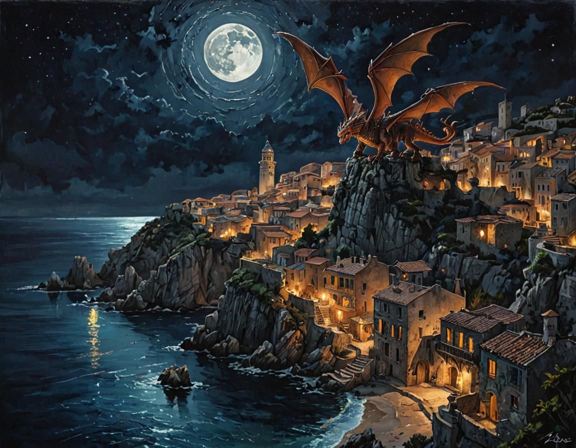 Dragon Soaring Over Moonlit Mediterranean Town