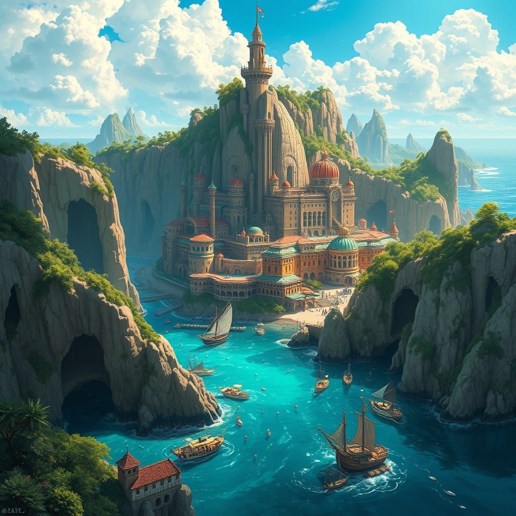 Whimsical Coastal City Within Majestic Cave Structures