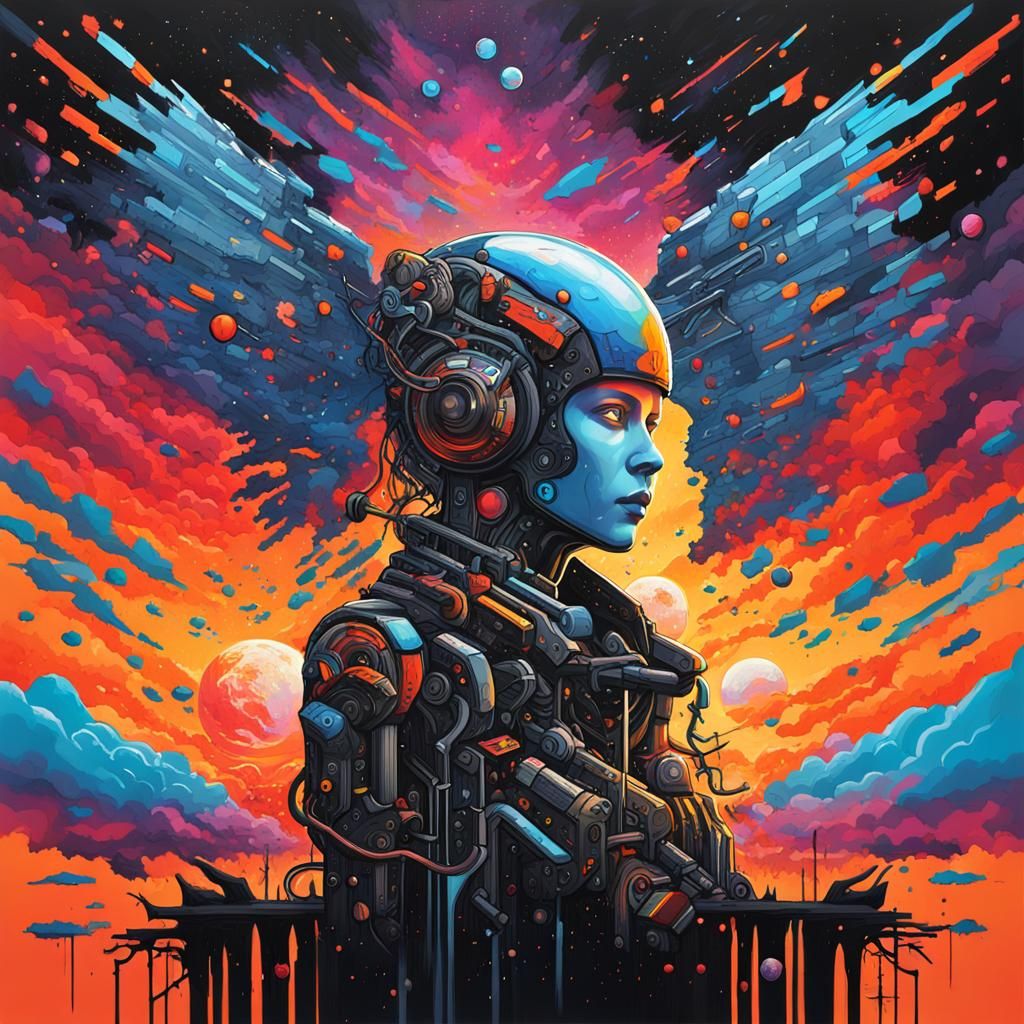 Winged Robotic Neuromancer in Abstract Graffiti Art Style