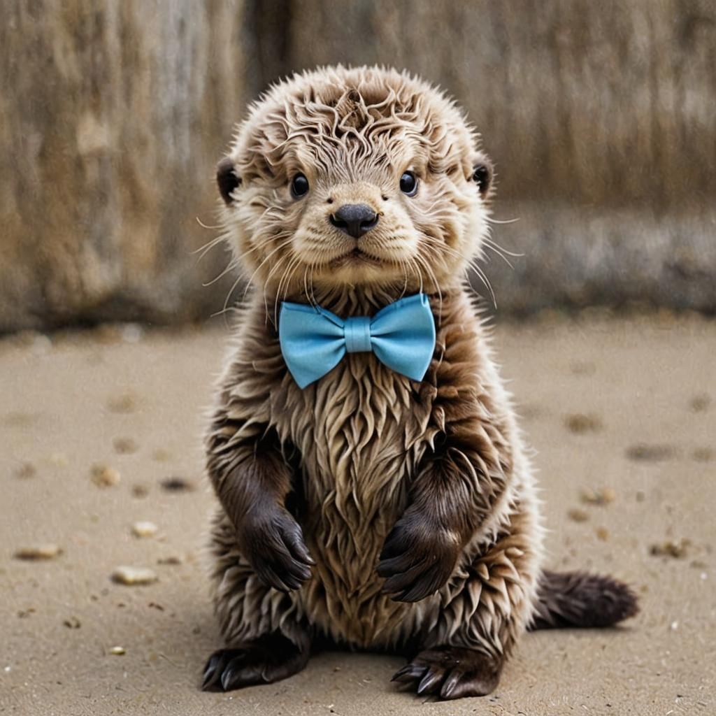 Cute Baby Otter with Blue Bow Tie