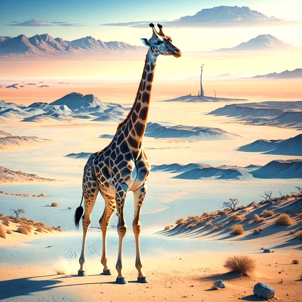 Surreal Long-Legged Giraffe in Blue Desert