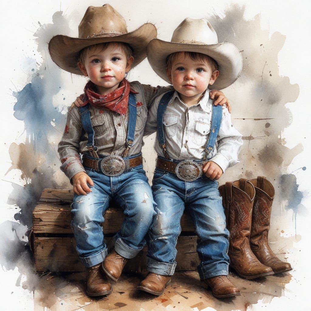 Cute Toddlers as Cowboys in Watercolor Painting