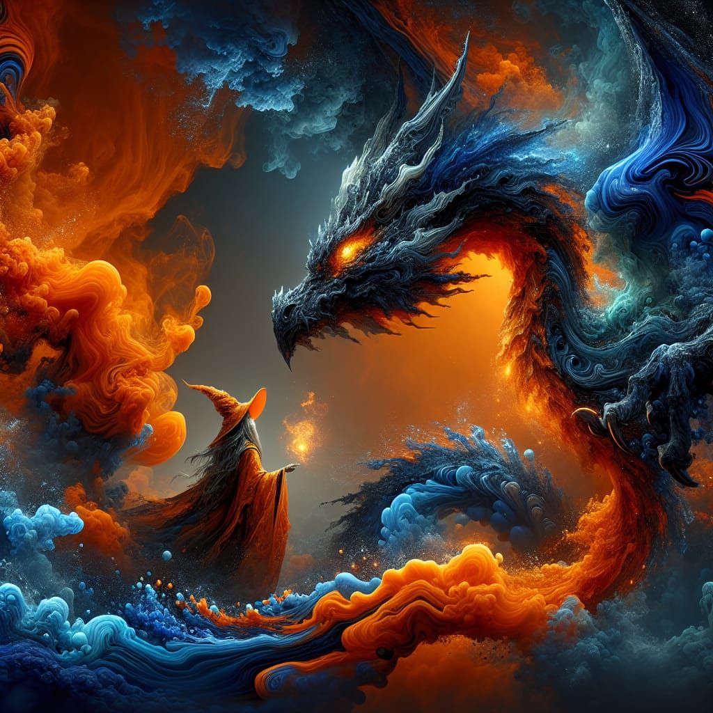 Dragon and Witch in Digital Art Style