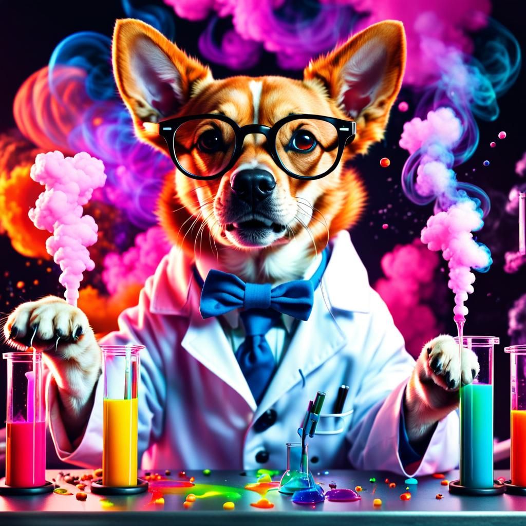 Mad Scientist Dog Mixing Colorful Liquids in Anime Style