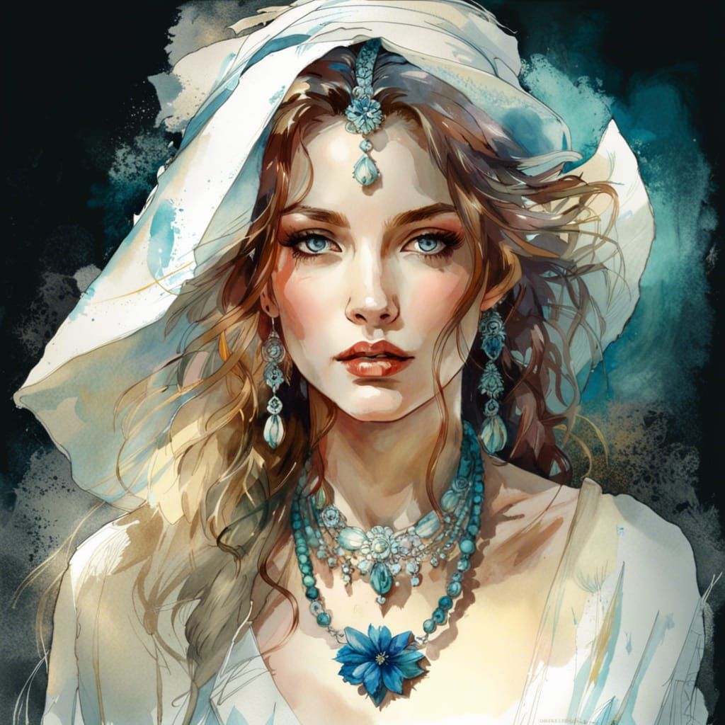 Ethereal Porcelain Maiden in Watercolor Digital Art