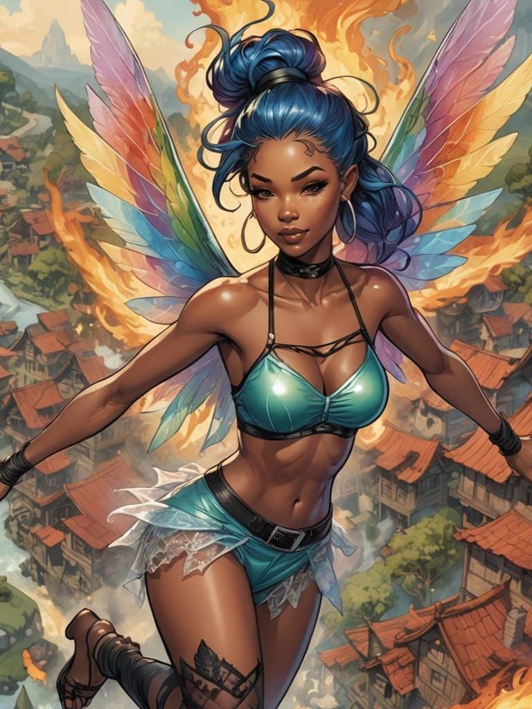 Blasian Fairy Soaring Above Burning Village