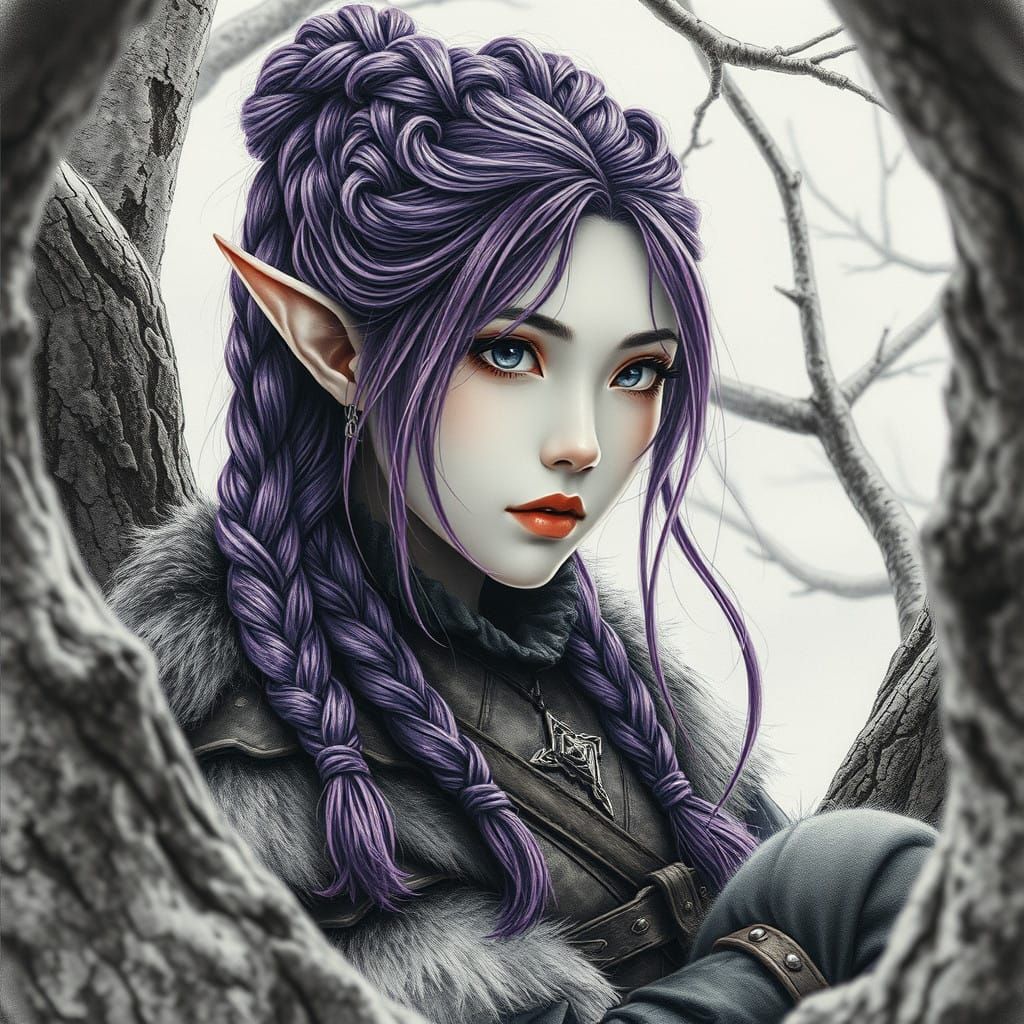 Medieval Asian Elf Ranger in Charcoal Drawing Style