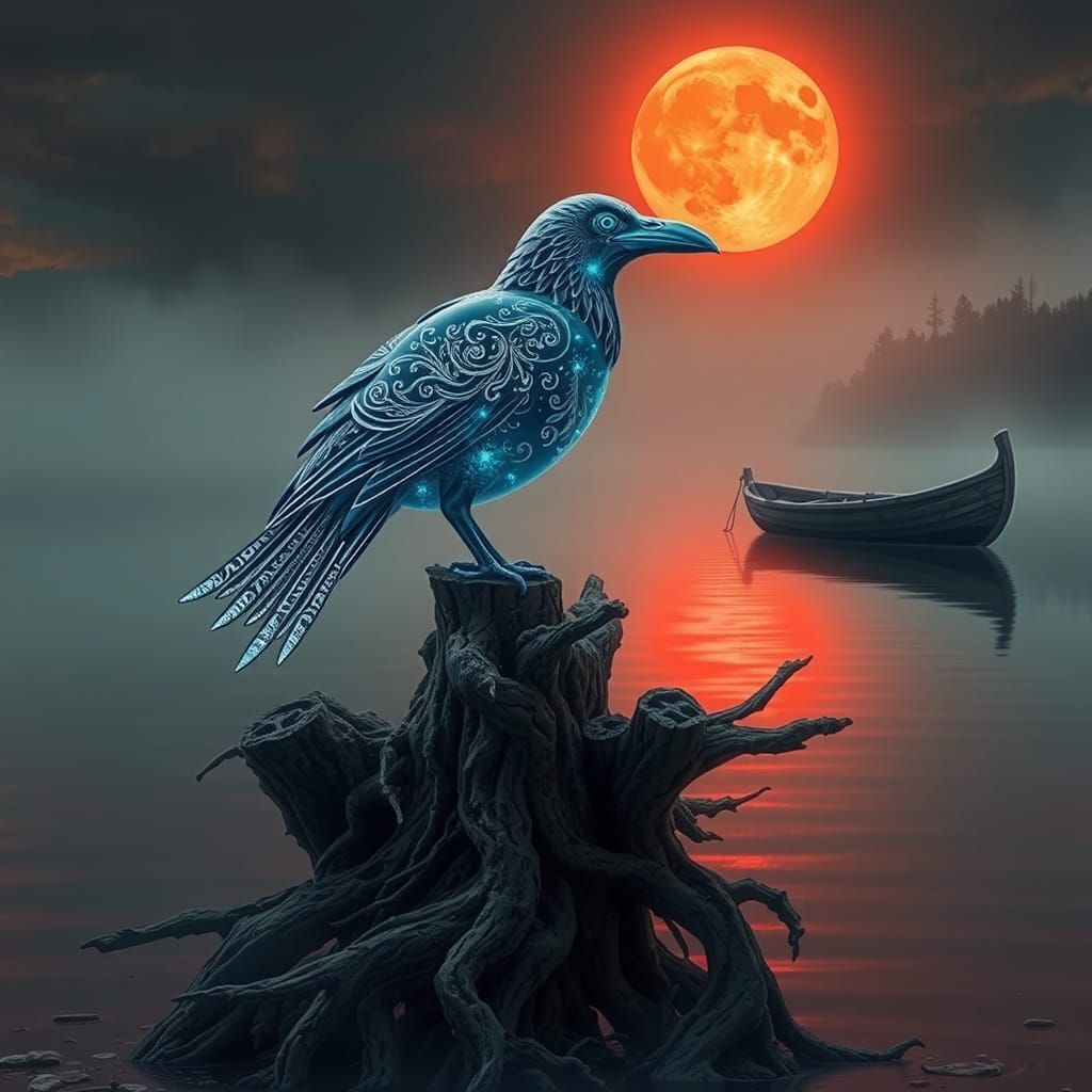 Watercolor of a bioluminescent raven made from glass perched on an old gnarled tree stump overlooking a still lake and a...