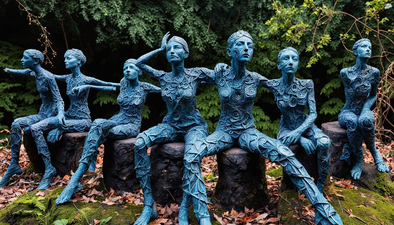 Surreal Sculpture of Seven Women with Glowing Creatures