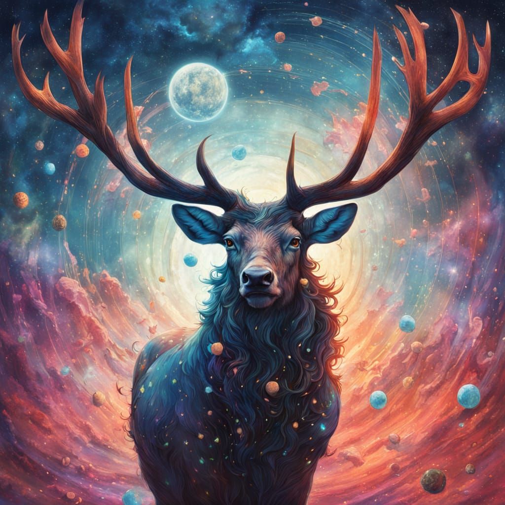 Cosmic Stag Floating Through Space: Fantasy Art