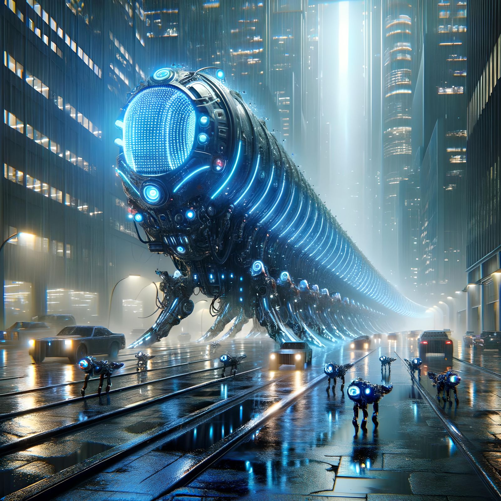 Cyberpunk Caterpillar in Rain Soaked City