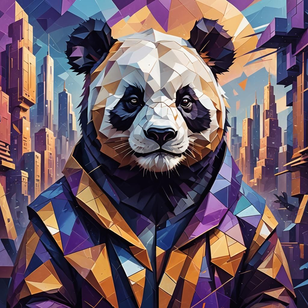Cubist Angry Panda Portrait in Art Deco Style