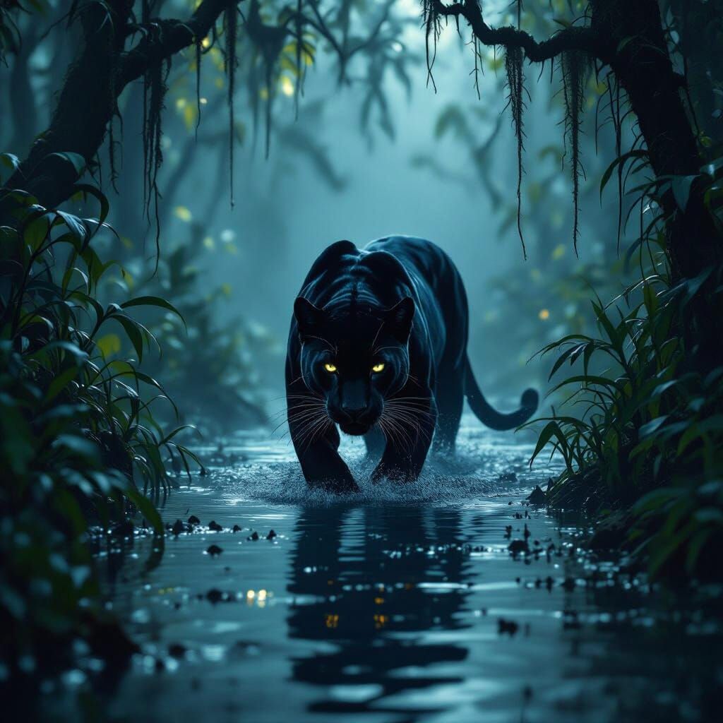Black Panther Stalks Swamp at Twilight in Digital Matte Pain...