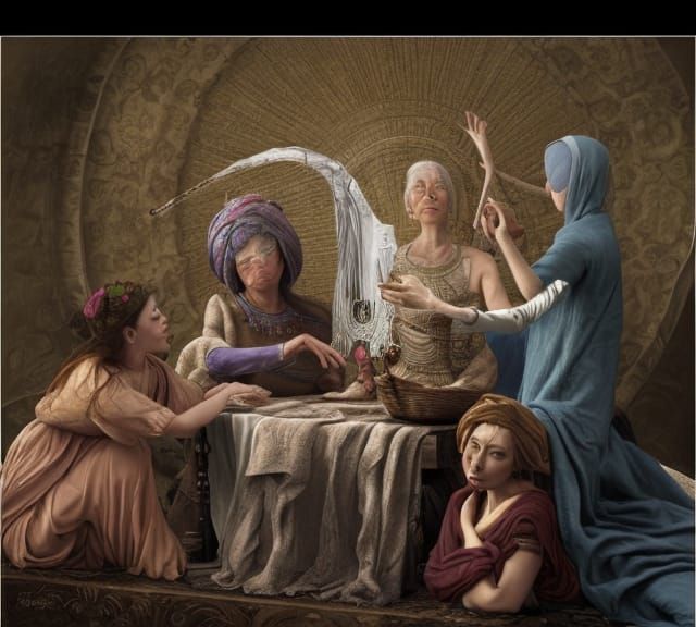 The Three Fates in Rococo Art Nouveau Style