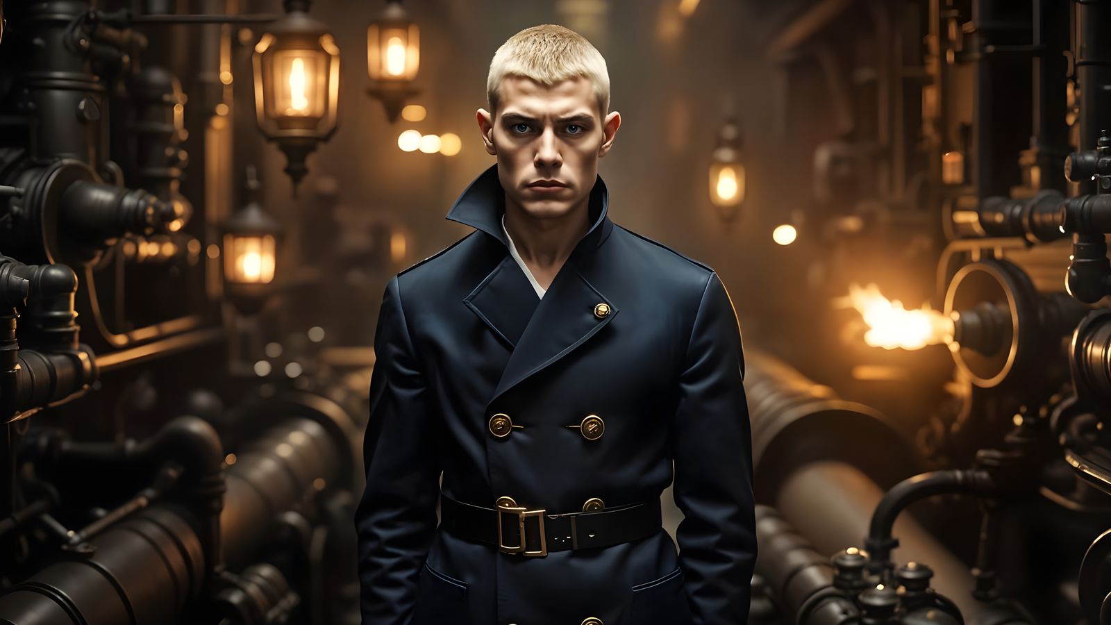 WWI Sailor on Steampunk Engine in Photorealistic Style