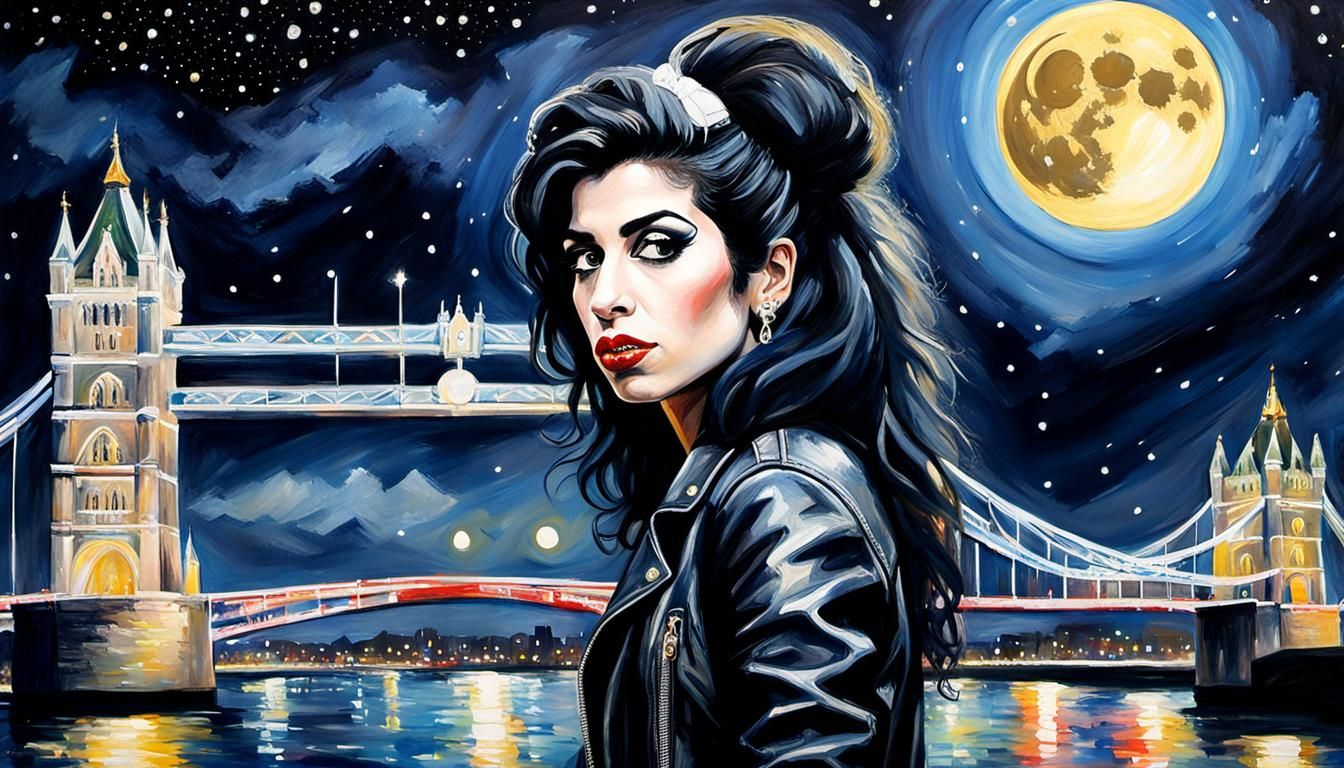 Amy Winehouse in Pop Art Watercolor with Tower Bridge