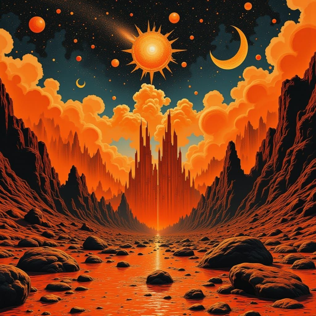 Retro Futuristic Orange Landscape in Solar Vintageworks Styl...