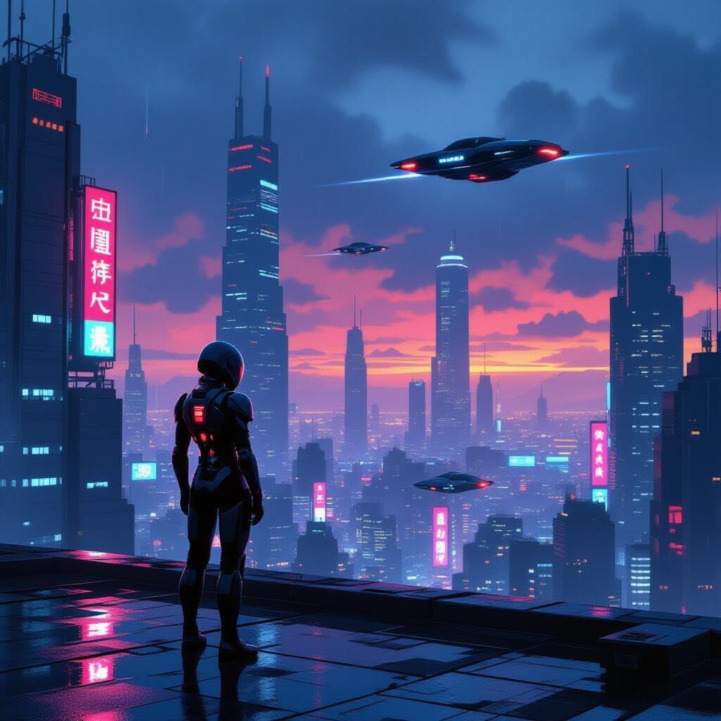 Android Overlooking Cyberpunk City at Dusk