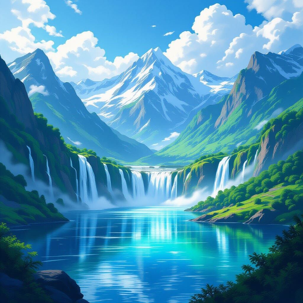 Mountain Lake Waterfall Landscape in Ethereal Style