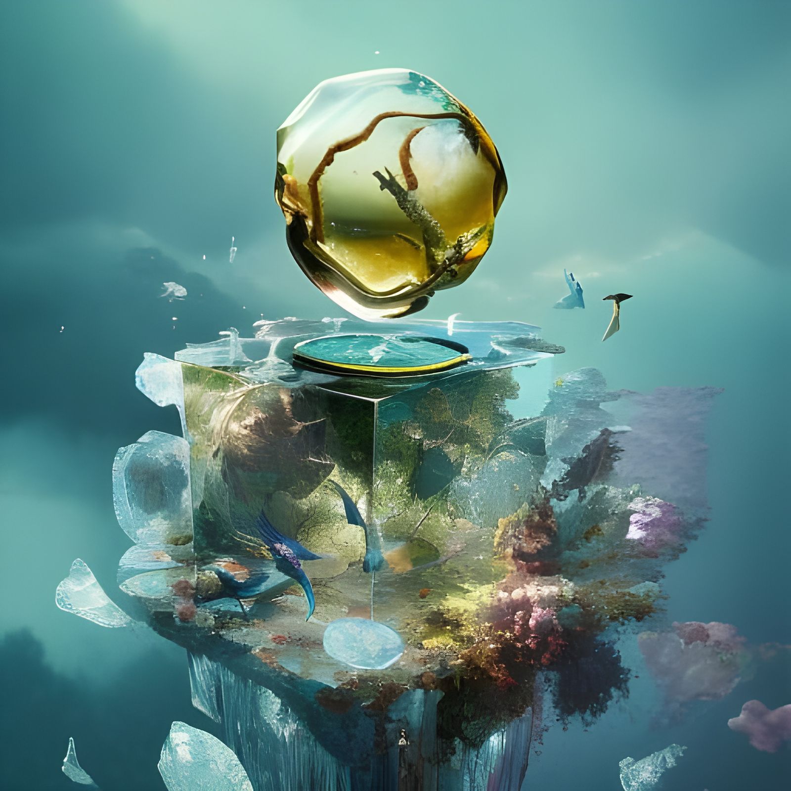 Hyperdetailed Crystal Cube on Clear Water