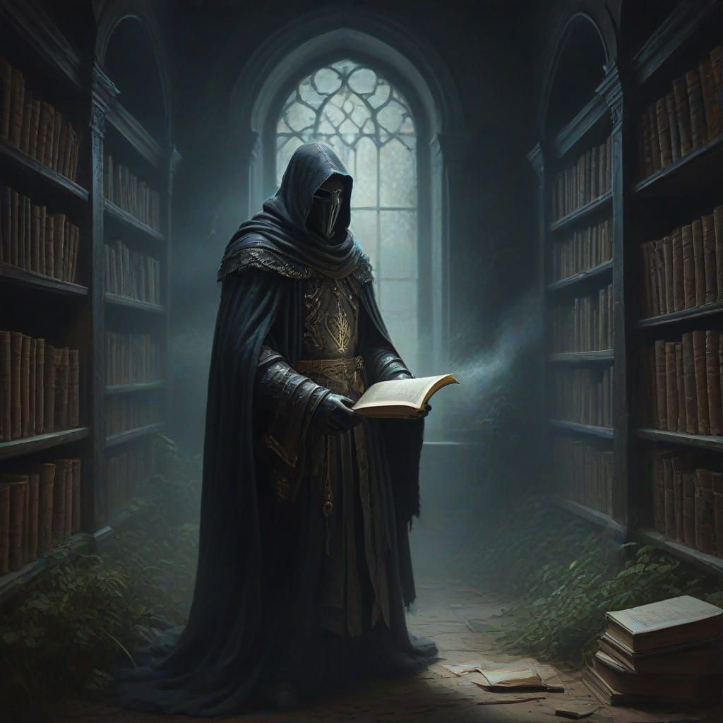 Spectral Knight Guards Misty Library in Dark Fantasy Style