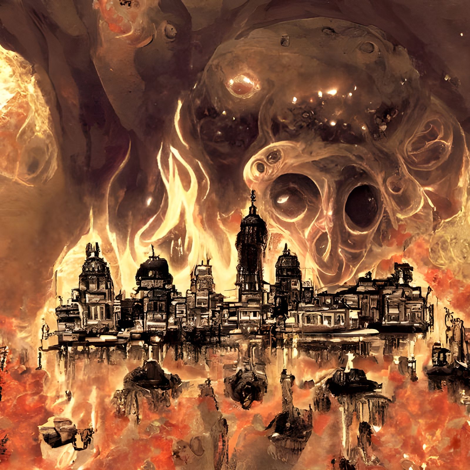 Infernal Cityscape in Lovecraftian Burning Skull Universe