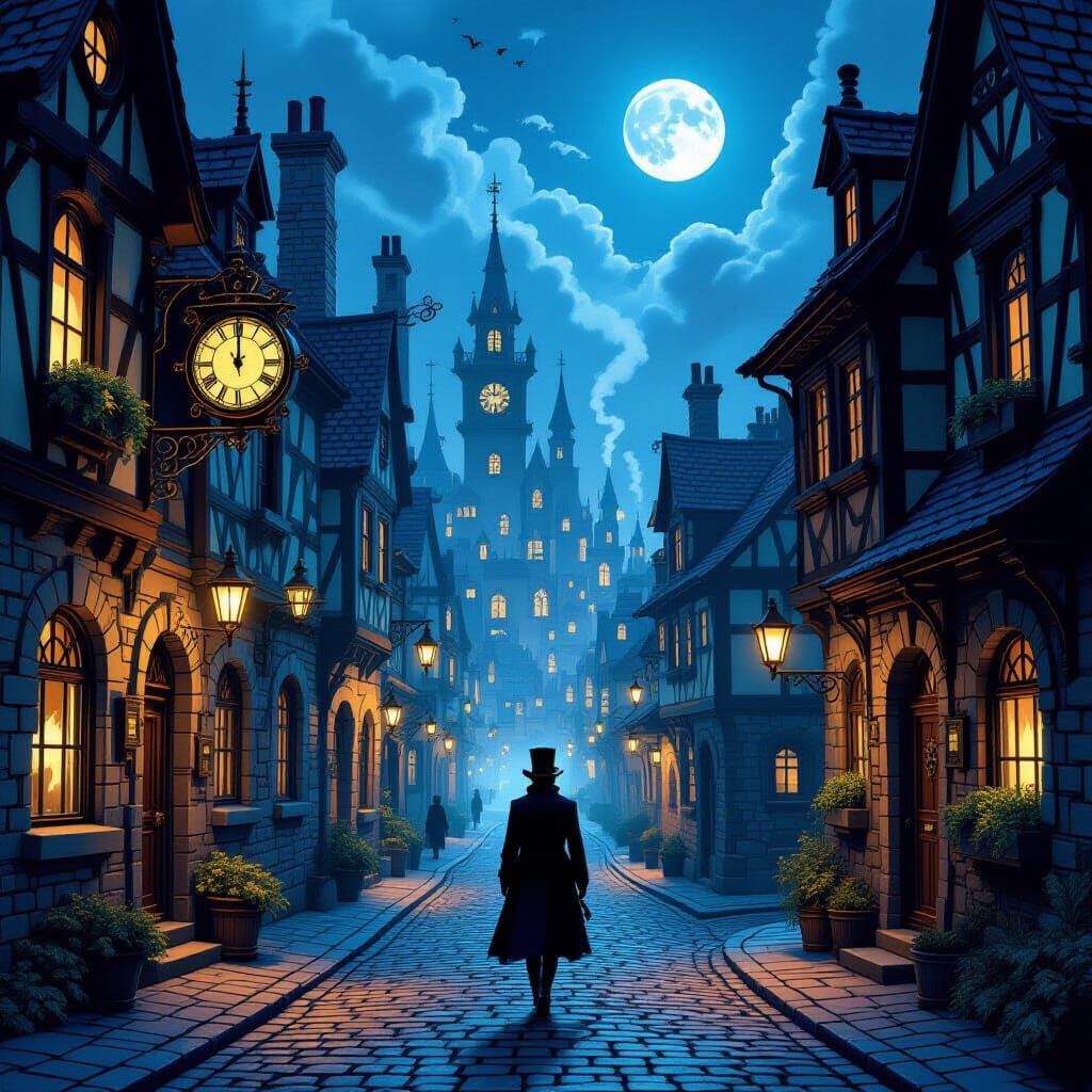 Steampunk City Street at Twilight with Clockwork Buildings