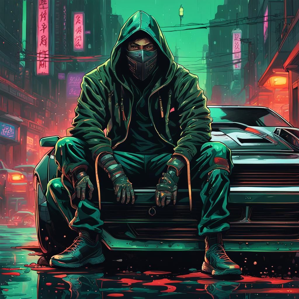 Cyberpunk Ninja with Katana in a Polychromatic Glistening Ci...