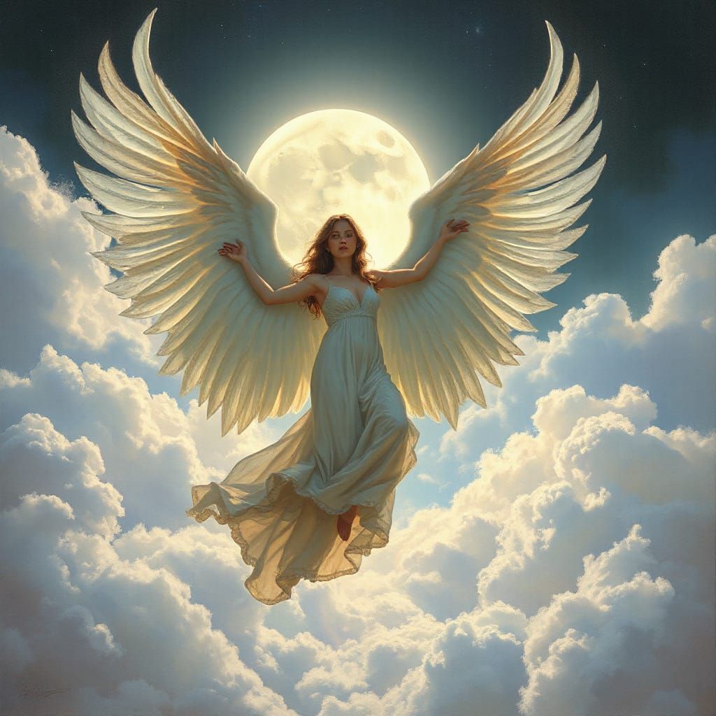 Mystical Winged Woman Soaring in Moonlit Sky