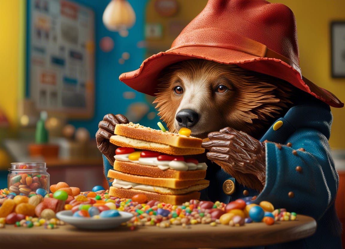 Paddington Bear's Cereal Sandwich: Hyperrealistic Art