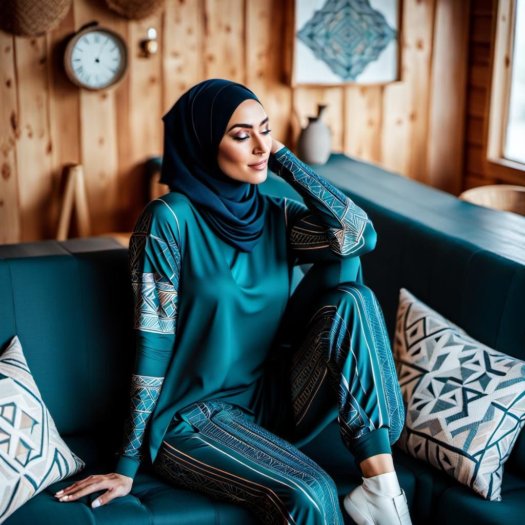 Young Woman in Hijab Relaxing in Cabin