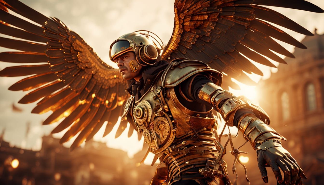 Icarus in Steampunk Exosuit Flies to Sun