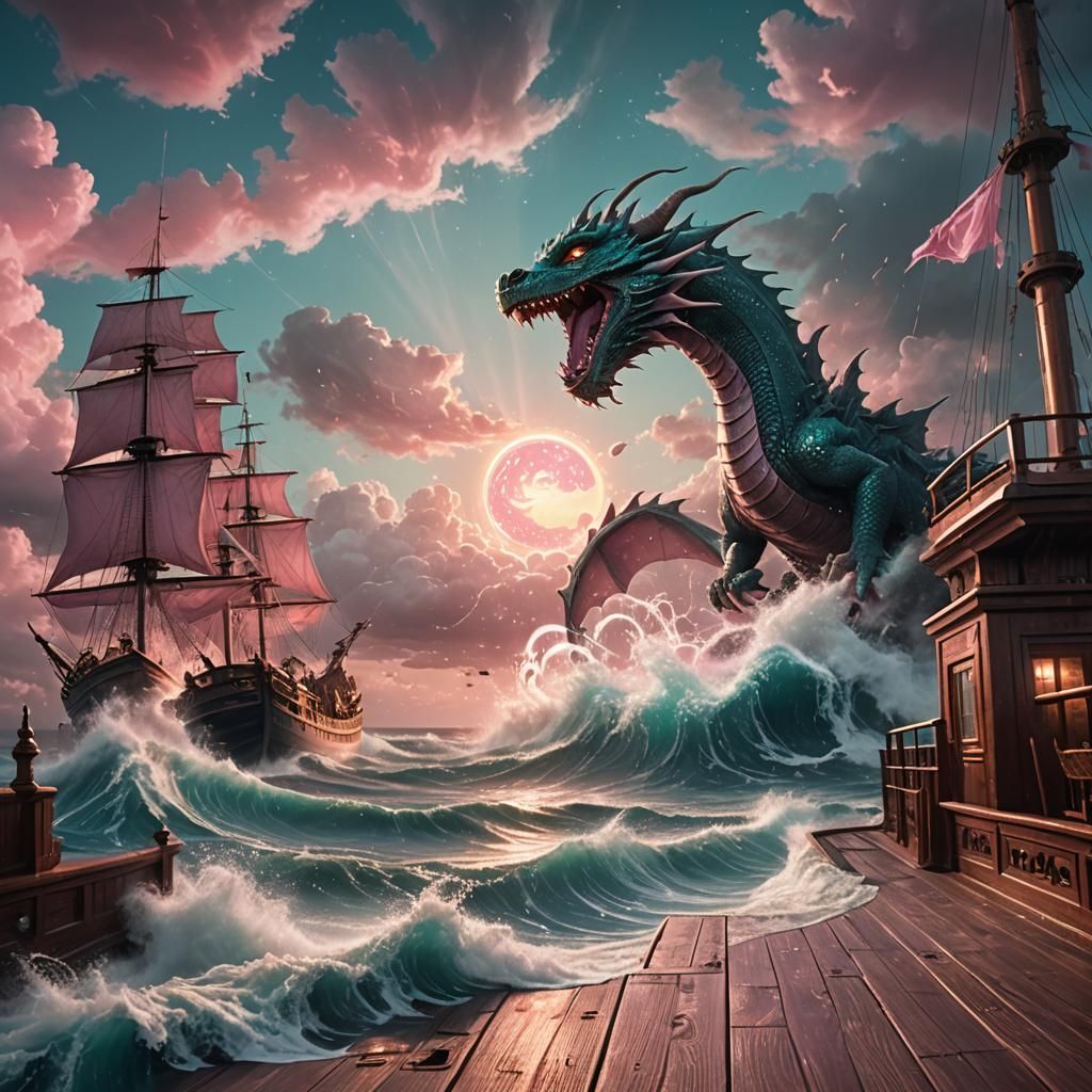 Dragon on Ship During Hurricane, Ethereal Matte Painting