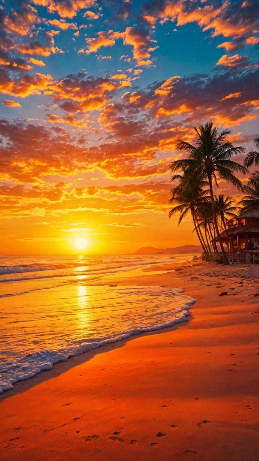 Sunset Beach Scene with Palm Trees and Gentle Waves