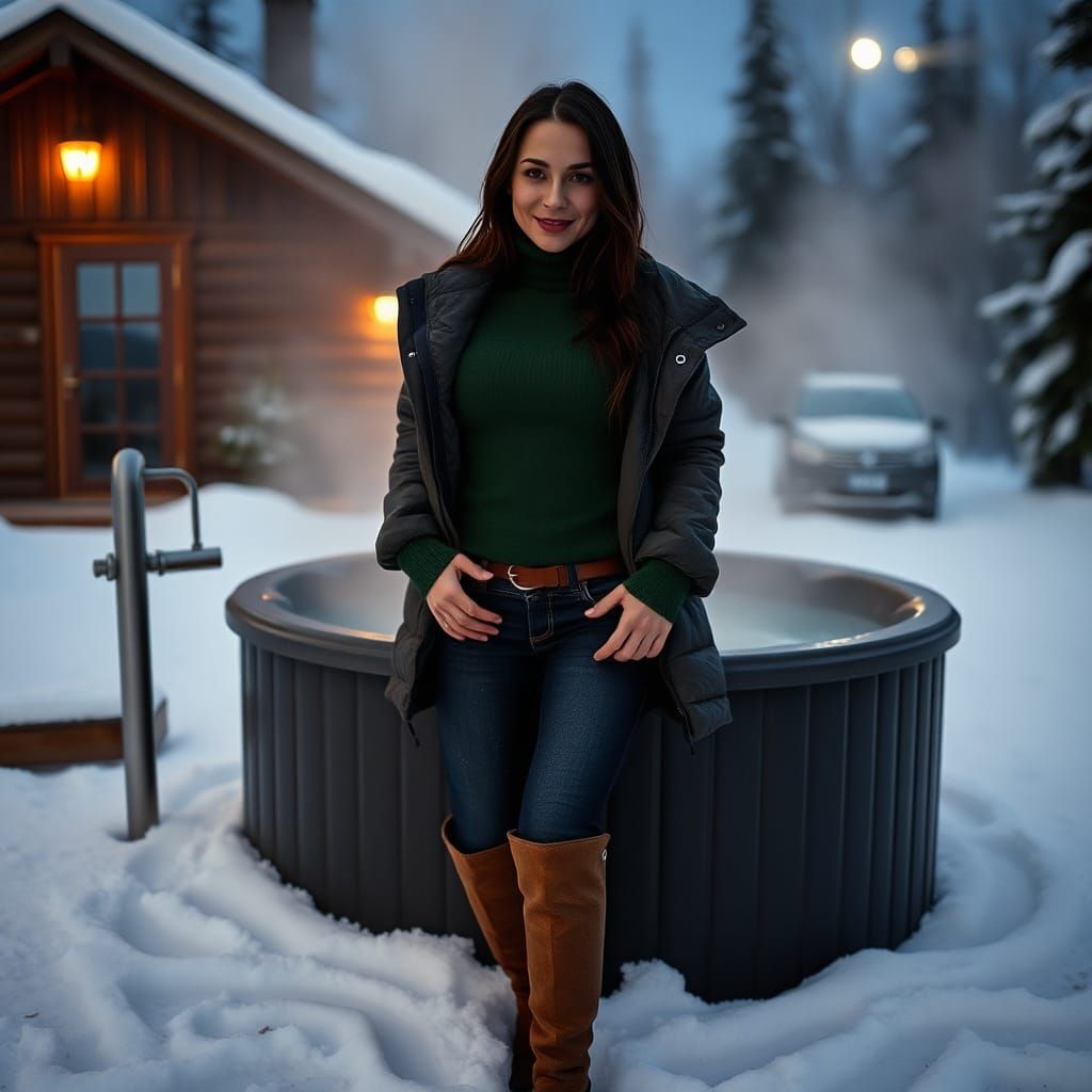 Woman Emerges from Hot Tub on Snowy Night