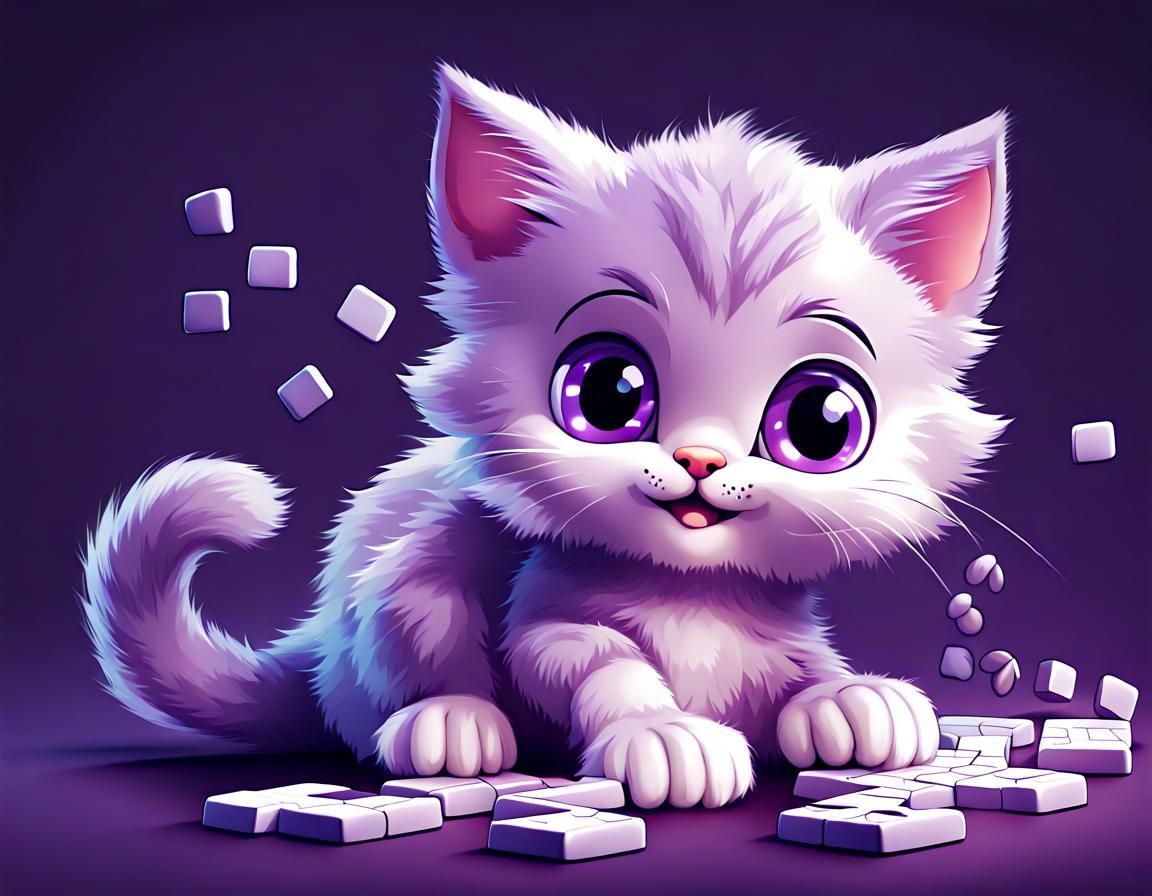 Playful Purple Kitten Solving Puzzle: Cute Animation