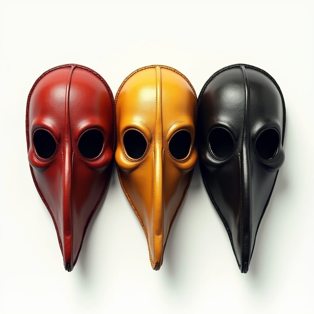 Antique Plague Masks in Red, Yellow, and Black